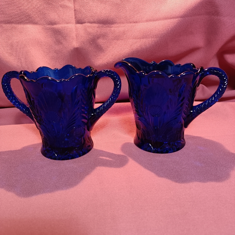Vintage Moser Glass Cobalt Blue Creamer And Sugar Bowl Set